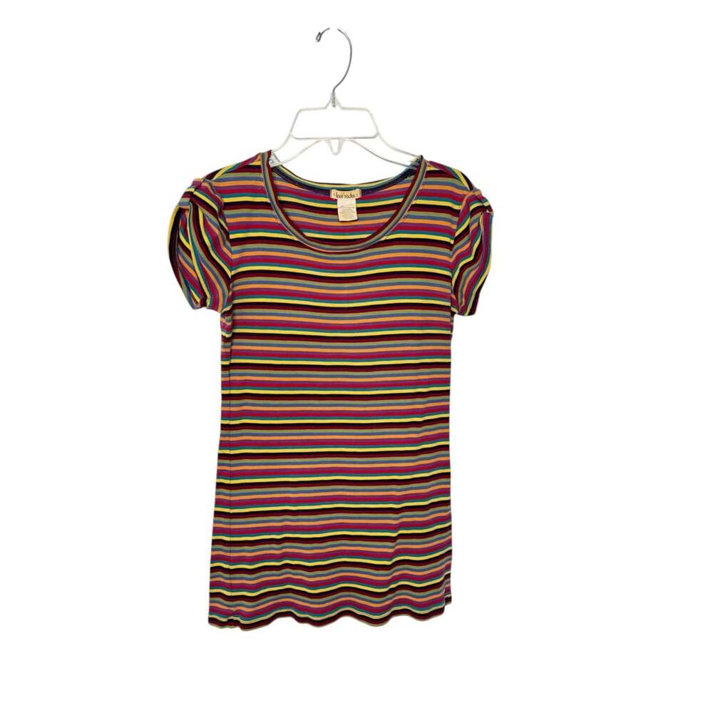 Love Rocks Vintage Multi-Colored Striped 90s Y2K Short Sleeve T-Shirt SZ M